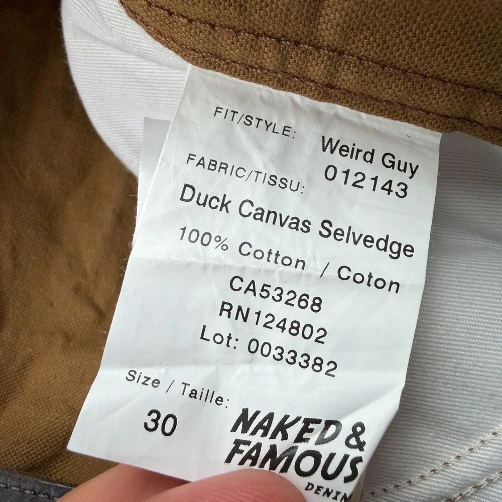Naked & Famous Weird‎ Guy Duck Canvas Selvedge Brown Pants 012143 Mens 30x28